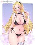  1girl 1girl absurd_res alluring alternate_breast_size_(larger) alternate_costume big_breasts bikini black_bikini black_bow black_bowtie blonde_hair bow bowtie candy chocolate chocolate_heart cleavage collarbone commentary elf english_commentary enmaided food frilled_hairband frilled_thigh_strap frills green_eyes hairband hand_up heart heart-shaped_food high_res holding holding_chocolate holding_food long_hair looking_at_viewer maid maid_bikini maid_headdress navel nintendo patreon_username pointy_ears princess_zelda side-tie_bikini_bottom smile stomach sugarbell swimsuit the_legend_of_zelda thigh_strap unconventional_maid very_long_hair white_hairband white_wrist_cuffs wrist_cuffs 