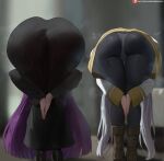 2_girls 2girls amen_pose bent_over big_breasts bubble_butt cleavage doggy_position fern_(sousou_no_frieren) frieren frieren_beyond_journey's_end green_eyes horny inviting_to_sex oroborus pose purple_eyes purple_hair sousou_no_frieren standing teasing thick_thighs white_hair