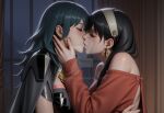  2_girls bare_shoulders big_breasts black_hair blue_hair blush bopitphy breasts byleth_(fire_emblem) byleth_(fire_emblem)_(female) closed_eyes couple crossover curtains dress duo earrings female/female female_only fire_emblem fire_emblem:_three_houses gold_earrings gold_jewelry hair_between_eyes hand_up indoors jewelry kissing lips long_hair long_sleeves love multiple_girls mutual_yuri neck night nintendo off-shoulder_dress off_shoulder red_dress romantic romantic_couple short_hair short_hair_with_long_locks spy_x_family upper_body window yor_briar yuri 