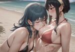  2_girls alternate_costume bare_arms bare_shoulders beach big_breasts bikini black_bikini black_hair black_swimsuit blue_hair blush bopitphy breast_sucking breasts byleth_(fire_emblem) byleth_(fire_emblem)_(female) cleavage closed_eyes couple crossover day duo earrings female/female female_moaning female_only fire_emblem fire_emblem:_three_houses gold_earrings gold_jewelry hair_between_eyes half-closed_eyes head_down jewelry lips long_hair looking_at_another love midriff moaning moaning_in_pleasure multiple_girls mutual_yuri nail_polish neck nintendo ocean open_mouth outside pink_nails red_bikini red_eyes red_swimsuit romantic romantic_couple sand short_hair short_hair_with_long_locks spy_x_family sucking_breasts swimsuit water yor_briar yuri 