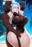 1boy1girl 1girl ai_generated beach curvy curvy_female curvy_figure dark-skinned_male dark_skin genshin_impact long_hair night nude shenhe_(genshin_impact) silver_hair