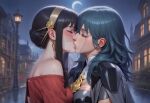  2_girls asymmetrical_docking bare_shoulders big_breasts black_hair blue_hair blush bopitphy breast_press breasts building byleth_(fire_emblem) byleth_(fire_emblem)_(female) closed_eyes couple crescent_moon crossover dress duo earrings eyeshadow female/female female_only fire_emblem fire_emblem:_three_houses gold_earrings gold_jewelry hair_between_eyes jewelry kissing lips long_hair long_sleeves love makeup medium_breasts moon multiple_girls mutual_yuri neck night night_sky nintendo off-shoulder_dress off_shoulder red_dress romantic romantic_couple short_hair short_hair_with_long_locks sky spy_x_family star starry_sky street upper_body yor_briar yuri 
