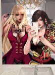  2_girls asuka_kazama bandai_namco bare_shoulders big_breasts blonde_hair blue_eyes breasts brown_hair cellphone cleavage cosplay eliza_(tekken)_(cosplay) emilie_de_rochefort feng_wei_(cosplay) fighting_game high_res kazama_asuka kittymiya lili lili_(tekken) lili_rochefort lips long_hair mirror multiple_girls namco namco_bandai phone selfpic short_hair short_sleeves sleeveless tattoo tekken tekken_7 tekken_8 twitter video_game_character video_game_franchise video_games window 