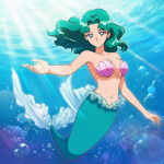  1girl adult_swim alluring big_breasts bishoujo_senshi_sailor_moon bishoujo_senshi_sailor_moon_s bishoujo_senshi_sailor_moon_s_the_movie bishoujo_senshi_sailor_moon_supers bishoujo_senshi_sailor_moon_supers_the_movie blue_eyes cleavage mermaid michiru_kaiou teal_hair toei_animation toonami underwater viz_media wolf_(artist) 