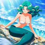  1girl adult_swim alluring big_breasts bishoujo_senshi_sailor_moon bishoujo_senshi_sailor_moon_s bishoujo_senshi_sailor_moon_s_the_movie bishoujo_senshi_sailor_moon_supers bishoujo_senshi_sailor_moon_supers_the_movie blue_eyes cleavage mermaid michiru_kaiou teal_hair toei_animation toonami viz_media wolf_(artist) 