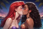  2_girls arm_at_side bare_arms bare_shoulders beach bikini black_hair blush bopitphy breasts brown_lipstick cleavage closed_eyes cloud collarbone company_connection couple crossover dark-skinned_female dark_skin disney disney_princess duo female/female female_only interracial interracial_couple interracial_yuri island jewelry kissing lips lipstick long_hair love makeup medium_breasts mermaid moana moana_waialiki mountain multiple_girls mutual_yuri neck necklace night night_sky ocean outside palm_tree pink_lipstick princess princess_ariel purple_bikini red_hair red_tubetop romantic romantic_couple shell shell_bikini sky straight_hair strapless strapless_bikini teen teenage_girl the_little_mermaid the_little_mermaid_(1989_film) thick_eyebrows tree tubetop upper_body water wavy_hair wet wet_body wet_clothes wet_hair yuri 