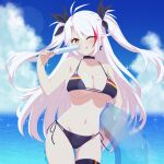 1girl arbiter1 azur_lane big_breasts bikini black_bikini black_choker black_ribbon blush breasts choker female_only floaty hair_ribbons long_hair ocean one_eye_closed orange_eyes popsicle prinz_eugen_(azur_lane) prinz_eugen_(unfading_smile)_(azur_lane) red_hair ribbons ship_girl smile solo_female streaked_hair thighlet tongue tongue_out twin_tails white_hair