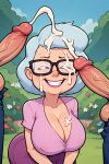  2boys cleavage cum cum_on_cleavage cumshot facial glasses grey_hair mature_female milf mmf_threesome outside sloppyai 