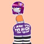 1boy 1femboy absurd_res alternate_version_at_source ass balls big_ass bluesky breasts bright_pupils clothes_writing colored_skin crop_top curiousleviathan digitchan_and_friends english_text femboy_only from_behind gray_skin hair_bow hair_ornament looking_at_viewer looking_back orange_eyes otoko_no_ko purple_hair shirt short_hair shorts simple_background smile stockings striped striped_thighhighs thick_ass thick_thighs trap yuki_(dcaf)