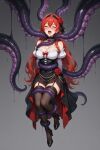 1girl 1monster ai_generated bare_shoulders big_breasts black_choker black_garter_straps black_headband black_high_heels black_ribbon black_skirt black_stockings blouse blush breasts choker cleavage closed_eyes clothed clothed_female ember_paradox garter_straps headband high_heels human/monster indie_virtual_youtuber long_hair monster_on_female multicolored_skirt red_hair red_rose red_skirt ribbon rose skirt stockings tentacle tentacle_around_leg tentacle_around_waist tentacle_bondage virtual_youtuber vtuber white_blouse 