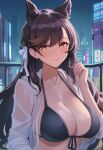  1girl atago_(azur_lane) azur_lane big_breasts bikini black_bikini black_hair breasts brown_eyes city cleavage dog_ears dog_girl female_only hair_ribbon hikari_lewd long_hair night ribbon ship_girl smile solo_female sweater white_ribbon white_sweater 