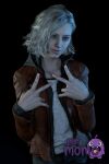  1boy 1girl 1girl 1girl ai_generated artist_logo artist_name black_background blonde_hair blue_eyes brown_jacket capcom clothing dark_background denim double_v double_w grace_ashcroft jacket jeans lenmmon lips looking_at_viewer male_focus medium_hair mr_momo open_clothes open_jacket pants red_jacket resident_evil_requiem shirt short_hair simple_background smile standing v w white_shirt 