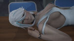 16:9 16:9_aspect_ratio 3d after_sex blush blush breasts breasts breasts erect_nipples female_focus green_eyes happy isla_(kof) looking_at_viewer looking_pleasured lying lying_on_back medium_breasts nipples on_back on_table tattoo video_game video_game_character video_game_franchise white_dress white_hair