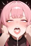  1boy 1girl after_blowjob after_deepthroat after_oral ai_generated blush close-up clothed clothed_female cum_dripping cum_in_mouth cum_on_chin cupping_face drool_on_face eyes_rolling_back hands_on_cheeks hololive hololive_english hololive_myth long_hair mori_calliope pink_eyes pink_hair pov saliva tears tears_in_eyes tears_of_pleasure virtual_youtuber vtuber 