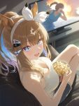 1girl ai_generated almond_eye_(umamusume) animal_ears breasts horse_ears horse_girl huge_breasts light-skinned_female light_skin looking_at_viewer open_mouth popcorn smile star_eyes thick_thighs thighs uma_musume_-_pretty_derby umamusume umamusume_pretty_derby