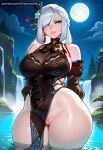 1girl ai_generated beach china_dress curvy curvy_female curvy_figure genshin_impact long_hair night shenhe_(genshin_impact) silver_hair