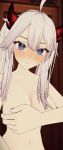  1girl 3d arm_on_breast big_breasts blush breasts covered_nipples covering_breasts female_only hand_on_breast horns indie_virtual_youtuber long_hair naked_female nipples_covered nude nude nude_female purple_eyes smile solo_female twin_tails veibae virtual_youtuber vtuber white_hair 