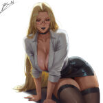  1girl big_breasts blonde_hair brnn brown_eyes bubble_butt cleavage glasses horny inviting_to_sex jujutsu_kaisen looking_at_viewer pose sitting stockings teasing thick_thighs tsukumo_yuki tsukumo_yuki_(jujutsu_kaisen) yuki_tsukumo 