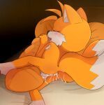  1boy ai-generated ai_assisted ai_generated anthro ass blush closed_eyes cum furry furry_male horny_male miles_tails_prower on_bed open_mouth pillow_hug sega sega side_laying sleep sleeping sonic_the_hedgehog_(series) tails_the_fox testicle two-tone_hair two_tails yellow_fur yiff 