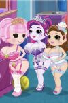 3girls ai_generated big_breasts bitty_buttons black_eyes blue_clothing bra breasts brown_hair button_eyes cherry cleavage clothing colored_skin creamcherrypieai_(artist) cupcake curvy curvy_figure diamond doll earrings eyelashes female female_only garter_belt garter_straps green_bow grok grok_(x) hair_ornament headband high_heels huge_breasts jewel_sparkles jewelry lace_trim lalaloopsy large_breasts light-skinned_female light_skin lingerie lipstick living_doll looking_at_another makeup mga_entertainment mole mole_under_eye multicolored_hair multiple_girls necklace panties pink_bow pink_hair pink_panties polka_dot_bra ponytail purple_clothing purple_hair purple_skin purple_skinned_female ragdoll short_hair smile streaked_hair thighhighs tiara two-tone_hair underwear underwear_only white_bra