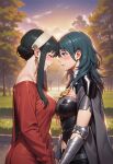  2_girls bare_shoulders big_breasts black_hair blue_eyes blue_hair blush bopitphy breast_press breasts byleth_(fire_emblem) byleth_(fire_emblem)_(female) closed_eyes closed_mouth cloud couple crossover dress duo earrings female/female female_only fire_emblem fire_emblem:_three_houses forehead-to-forehead gold_earrings gold_jewelry grass hair_between_eyes jewelry long_hair long_sleeves looking_at_another love medium_breasts multiple_girls mutual_yuri nature navel neck nintendo off-shoulder_dress off_shoulder outside park red_dress romantic romantic_couple short_hair short_hair_with_long_locks sky smile spy_x_family sunset tree yor_briar yuri 