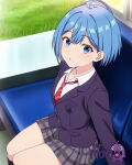 1girl 1girl 1girl ahoge ai_generated black_socks blazer blue_eyes blue_hair blue_jacket clothing collared_shirt diagonal-striped_clothes door doorway grass grey_skirt hair_behind_ear jacket kneehighs littlehentai long_sleeves looking_at_viewer miniskirt neck_tie open_door open_mouth opening_door outside plaid plaid_skirt pleated_skirt pov_doorway red_necktie savitar savitar_(artist) school_uniform shirt short_hair skirt socks standing striped_clothes striped_necktie uniform virtual_youtuber white_shirt
