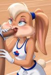 1boy 1furry 1girl ai_generated aqua_eyes basketball_court basketball_uniform blonde_hair blush breasts bunny_ears bunny_girl bunny_tail clothed crop_top dark-skinned_male eyeshadow furry_female furry_on_human gloves human_male human_on_furry indoors interspecies lola_bunny looney_tunes male_human male_on_furry midriff oral oral_sex penis_in_mouth penis_out shorts small_breasts smile space_jam white_crop_top white_gloves white_shorts
