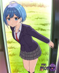 1girl 1girl 1girl ahoge ai_generated black_socks blazer blue_eyes blue_hair blue_jacket clothing collared_shirt diagonal-striped_clothes door doorway grass grey_skirt hair_behind_ear jacket kneehighs littlehentai long_sleeves looking_at_viewer miniskirt neck_tie open_door open_mouth opening_door outside plaid plaid_skirt pleated_skirt pov_doorway red_necktie savitar savitar_(artist) school_uniform shirt short_hair skirt socks standing striped_clothes striped_necktie uniform virtual_youtuber white_shirt