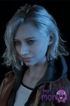 1boy 1girl 1girl 1girl ai_generated artist_logo artist_name black_background blonde_hair blue_eyes brown_jacket capcom clothing dark_background denim double_v double_w grace_ashcroft jacket jeans lenmmon lips looking_at_viewer male_focus medium_hair mr_momo open_clothes open_jacket pants red_jacket resident_evil_requiem shirt short_hair simple_background smile standing v w white_shirt