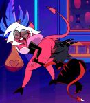 2_girls animated asmodeus'_assistant_(helluva_boss) background_character big_breasts closed_eyes demon_girl face_in_ass gif glasses hands_on_hands helluva_boss horns imp legs_open millie_(helluva_boss) pushing_ass pyramid_(artist) rimming_female succubus tail vivzmind yuri