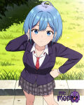 1girl 1girl 1girl ahoge ai_generated black_socks blazer blue_eyes blue_hair blue_jacket clothing collared_shirt diagonal-striped_clothes door doorway grass grey_skirt hair_behind_ear jacket kneehighs littlehentai long_sleeves looking_at_viewer miniskirt neck_tie open_door open_mouth opening_door outside plaid plaid_skirt pleated_skirt pov_doorway red_necktie savitar savitar_(artist) school_uniform shirt short_hair skirt socks standing striped_clothes striped_necktie uniform virtual_youtuber white_shirt