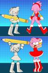 2girls 2koma absurd_res amy_rose angry anthro_female ass back_view big_ass boots butt_crack comic crazedczar1 doppelganger dress exposed_ass funny furry furry_female gloves green_eyes high_res multiple_girls oversized_object panels parody pencil pink_fur red_boots red_dress reference round_ass scared scene_reference screaming sega sniffable_ass sonic_the_hedgehog_(series) tail torn_clothes torn_dress tween young_female 