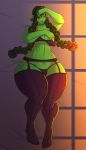 1girl 1girl bra breasts closed_eyes clothing covering garter_belt garter_straps hair hair_over_eye high_res humanoid legwear navel orc panties smile stockings thick_thighs underwear wckd