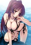  1girl alternate_eye_color alternate_hair_color art babe bad_id big_breasts bikini biting blush breasts cleavage female_only finger_biting frilled_bikini frills front-tie_top kousaka_tamaki long_hair purple_eyes purple_hair sandals side-tie_bikini solo_female swimsuit to_heart_2 toppuhamuhatto_(artist) two_side_up water 