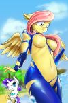 1girl 2016 anthro anthrofied areola assisted_exposure big_breasts bikini blue_eyes breasts clothing cloud d-lowell duo equine feathered_wings feathers fluttershy_(mlp) friendship_is_magic frown furry grin hair high_res horn long_hair mammal my_little_pony navel nipples outside pegasus pink_hair purple_hair rarity_(mlp) sky swimsuit unicorn wardrobe_malfunction water wings yellow_feathers