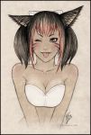  1girl ;p art babe bare_shoulders big_breasts breasts cat_girl cleavage female_only final_fantasy looking_at_viewer one_eye_closed short_hair strapless tongue tongue_out upper_body wickedj wink yuniko_moontail 