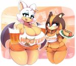  big_breasts breasts cosplay hooters medium_breasts minishorts multiple_girls orange_shorts rouge_the_bat sega shorts sticks_the_jungle_badger 