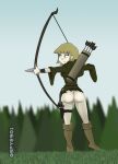  1_girl 1girl aiming aine arrows ass ass_up boots bottomless bow bow_(weapon) dirty female female_only forest gspy2901 knife medieval medieval_england no_panties pussy pussy_hair short_hair solo standing torn_dress 