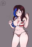  4th_of_july american_flag_bikini blue_eyes breasts cleavage ice_cream looking_down multicolored_hair print_bikini shiny shiny_skin side-tie_bikini 