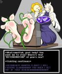 1girl anthro barefoot boss_monster bound_ankles caprine english_text feet female female_anthro flower flowey_the_flower foot_fetish goat plant restrained restraints soles text tickle toes toriel undertale undertale_(series) yellow_flower