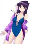 1girl bikini black_hair blue_leotard blush breast_grab embarrassed eyebrows_visible_through_hair female female_only female_solo jebi komi-san_wa_komyushou_desu komi_shouko leotard long_hair medium_breasts partially_clothed solo solo_female standing swimsuit