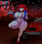  4th_of_july american_flag_bikini big_breasts bikini bottomless breasts car city cleavage fireworks glasses green_eyes high_heel long_hair print_bikini pussy red_hair sling_bikini thecon wide_hips 