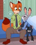 1girl 2016 anthro bulge canine clothed clothing disney fox fur furry hair high_res judy_hopps lagomorph male mammal nick_wilde rabbit sitting skidd smile zootopia