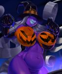 big_breasts bodypaint breasts curvy elbow_gloves female gloves halloween hat huge_breasts inverted_nipples jack-o'-lantern nintendo nipples paper_mario plump pumpkin_breasts pussy shadow_queen smile solo standing super_mario_bros. theboogie witch_hat