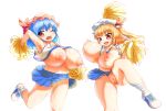 2girls blonde_hair blue_hair bow breasts breasts_outside cheerleader flandre_scarlet hat hat_bow highres huge_breasts misudoasuk mob_cap multiple_girls no_panties pom_poms pussy pussy_juice red_eyes remilia_scarlet siblings sisters sweat touhou white_background wink