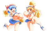  2girls blonde_hair blue_hair bow breasts breasts_outside cheerleader flandre_scarlet hat hat_bow highres huge_breasts misudoasuk mob_cap multiple_girls no_panties pom_poms pussy red_eyes remilia_scarlet siblings sisters touhou white_background wink 