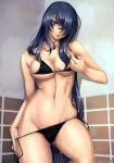 1girl against_wall art babe belly big_breasts bikini bikini_pull black_bikini blue_eyes blue_hair breasts cleavage eiwa eyepatch hair hair_over_breasts hair_over_one_eye highres ikkitousen kan'u_unchou leg_lift midriff navel parted_lips scan side-tie_bikini skindentation standing_on_one_leg string_bikini swimsuit very_long_hair wet wet_hair