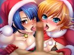 2girls big_breasts blue_eyes blue_hair blush breasts christmas fellatio gloves hair hat headgear igawa_sakura kagami_hirotaka long_hair looking_at_viewer multiple_girls oral orange_hair penis red_eyes short_hair taimanin_asagi tongue tongue_out yatsu_murasaki