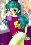  1girl ass bespectacled blue_eyes bracelets equestria_girls female female_only friendship_is_magic glasses juniper_montage long_hair looking_at_viewer my_little_pony older older_female panties partially_clothed shirt short_sleeves solo standing uniform uotapo young_adult young_adult_female young_adult_woman 