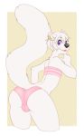 1girl 2016 anthro ass bikini blush bulge chocoteenie clothed clothing crossdressing ear_piercing fur furry girly hair leaning leaning_forward looking_back male mammal mink mustelid piercing portrait raised_tail rear_view simple_background smile standing swimsuit tail teasing thick_thighs three-quarter_portrait tube_top vinon white_fur white_hair